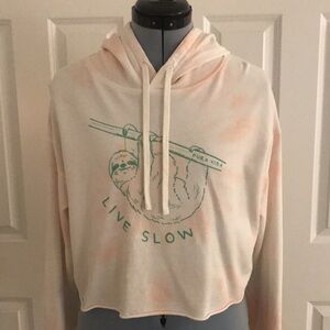 Pura Vida Live Slow Cute Sloth Pink White Tie Dye Cropped Hoodie Top Size S